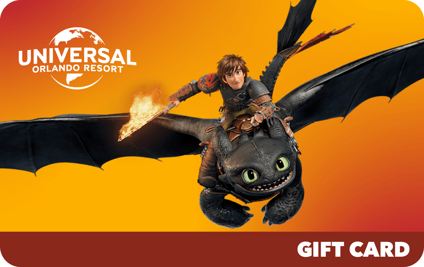 A Universal Orlando Resort Gift Card with Hiccup and Toothless on the front.