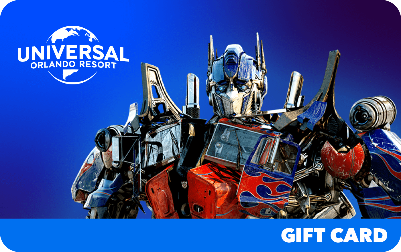 A Universal Orlando Resort Gift Card with Optimus Prime on the front.