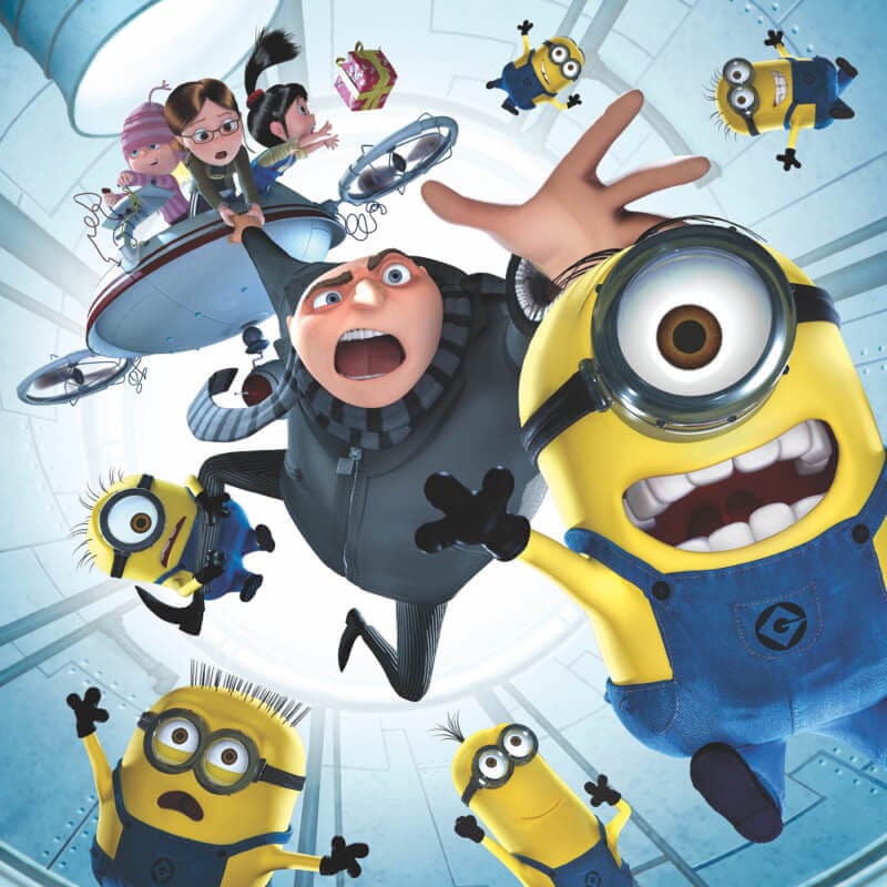 Cartoonish rendering of an angry Gru character reaching out for Minions who float everywhere. Gru is dangling by one hand from a hovering platform with his three daughters on it.