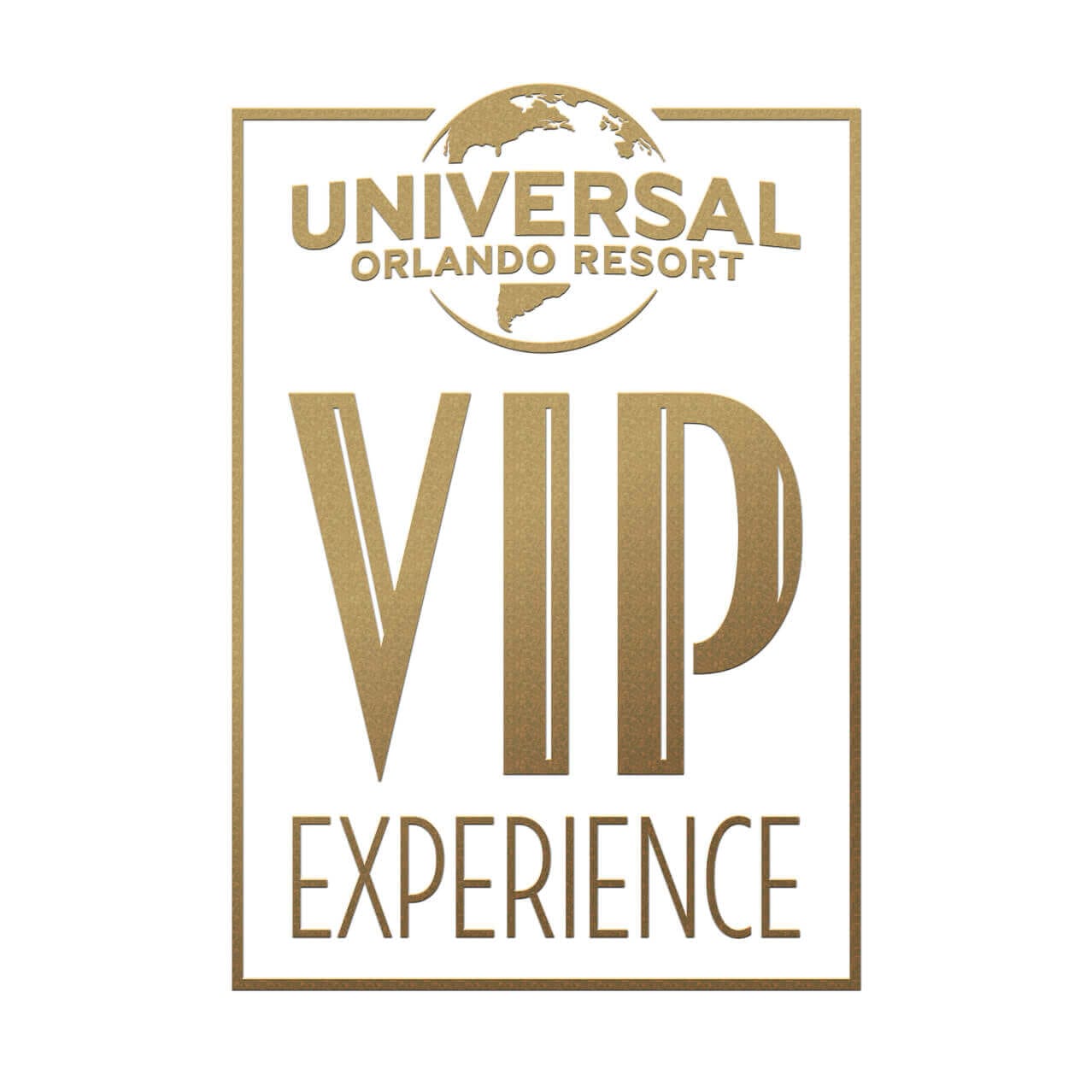 The Universal Orlando Resort globe logo and the words “VIP EXPERIENCE” inside a rectangular border, all in gold.