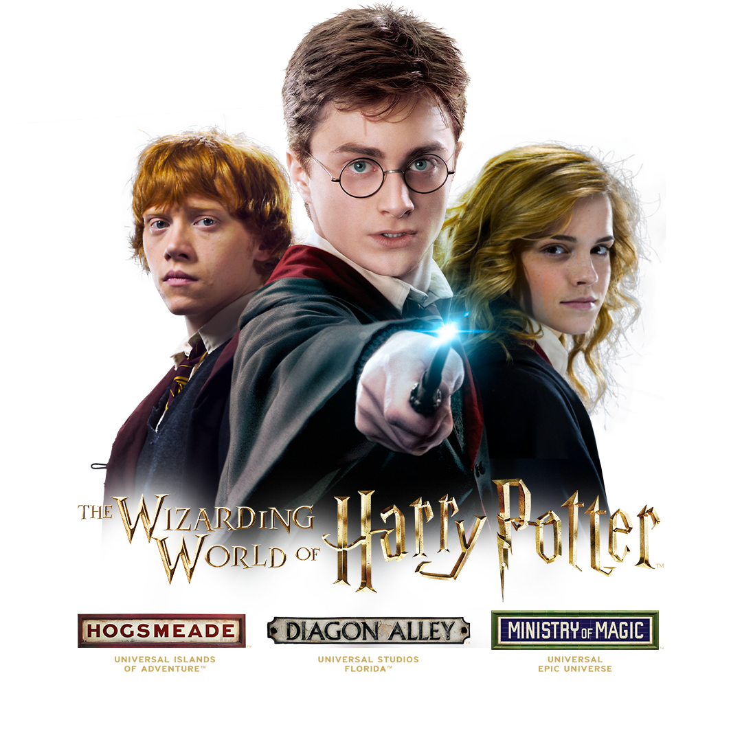 Harry, Ron and Hermione of The Wizarding World of Harry Potter, stand in solitude as Harry points his glowing wand forward to cast a spell.