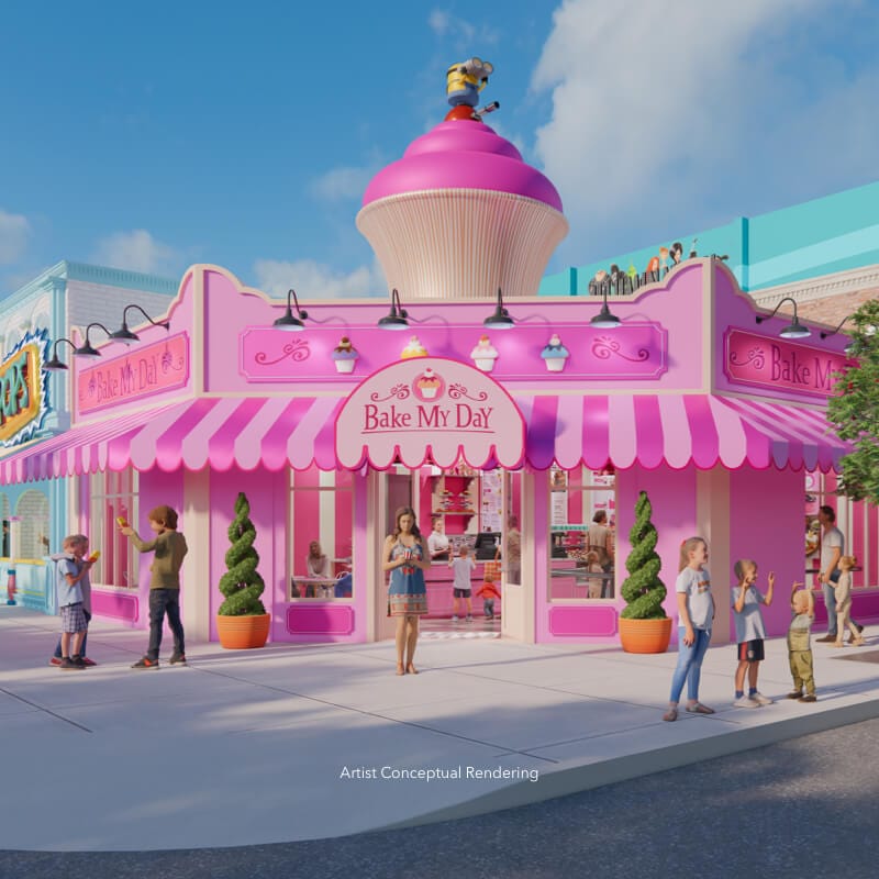 An artist’s rendering of a pink bakery whose sign on the pink-striped awning reads “Bake My Day.”