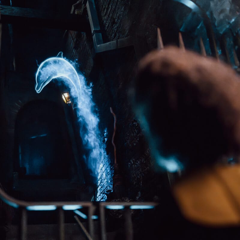 A guest watching a glowing, dolphin-shaped patronus appear in a darkened Diagon Alley™ staircase.¬¬