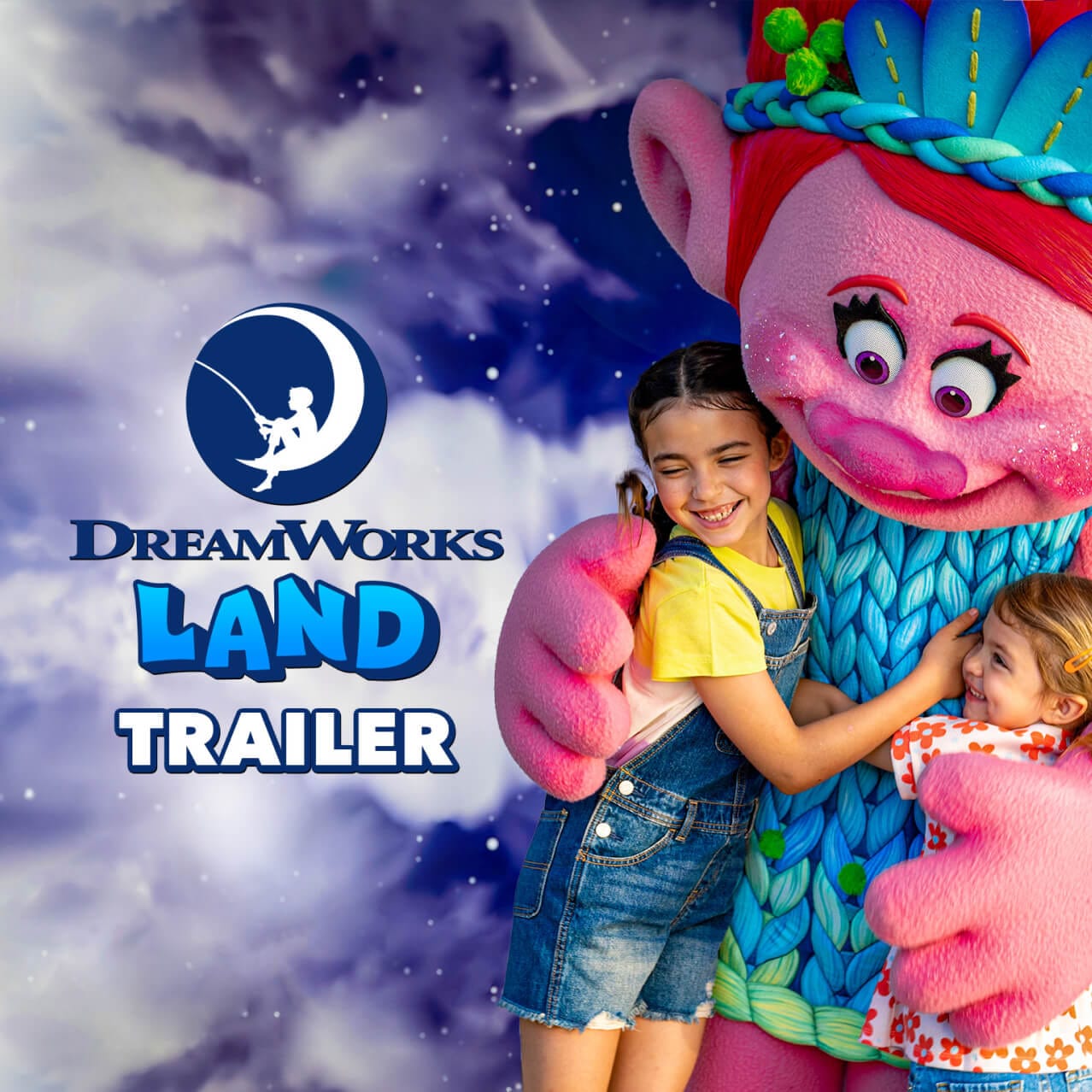 Two children meeting with Poppy at the DreamWorks Character Zone.