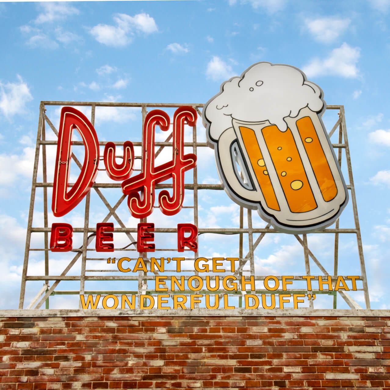 Duff Brewery sign sitting on top of the Universal Orlando Simpsons themed pub where you can order a Duff beer.