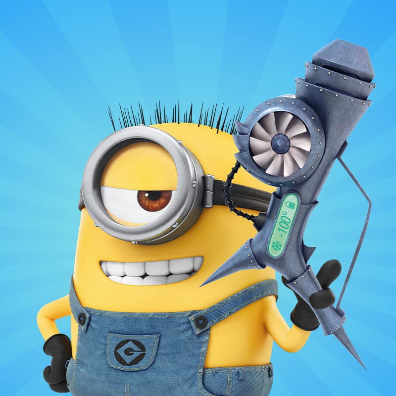 A minion eating popcorn while holding a popcorn bucket.