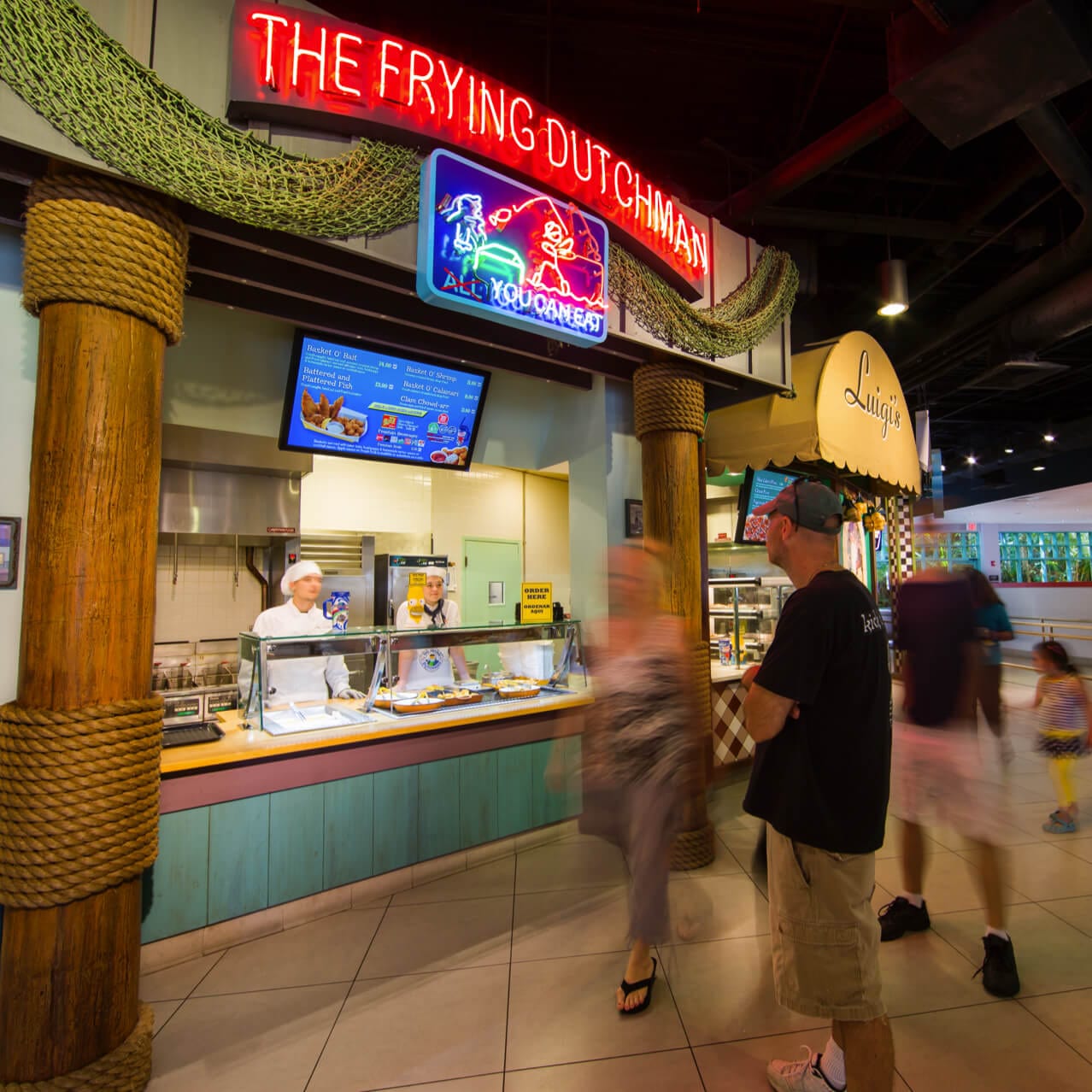 View of the walk up counter at The Frying Dutchman seafood restaurant located in the Simpsons themed area of Universal Studios Orlando.