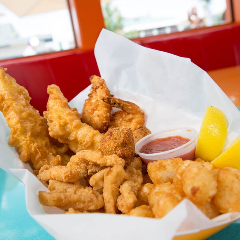 Basket O' Bait (fried fish, shrimp and calamari) from The Frying Dutchman, a Simpsons themed restaurant at Universal Studios Orlando.