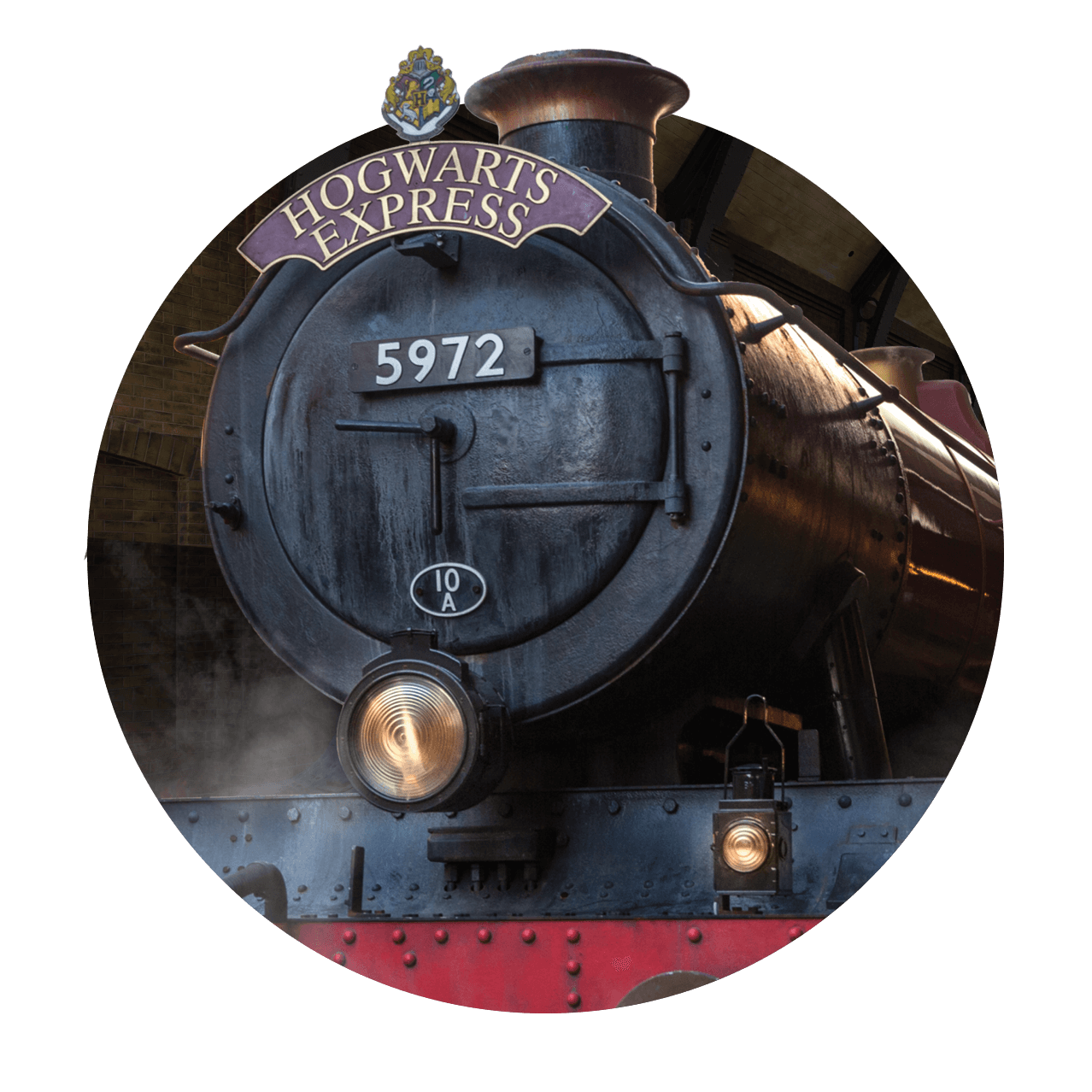 The front view of the Hogwarts Express train inspired by the Harry Potter books and films.