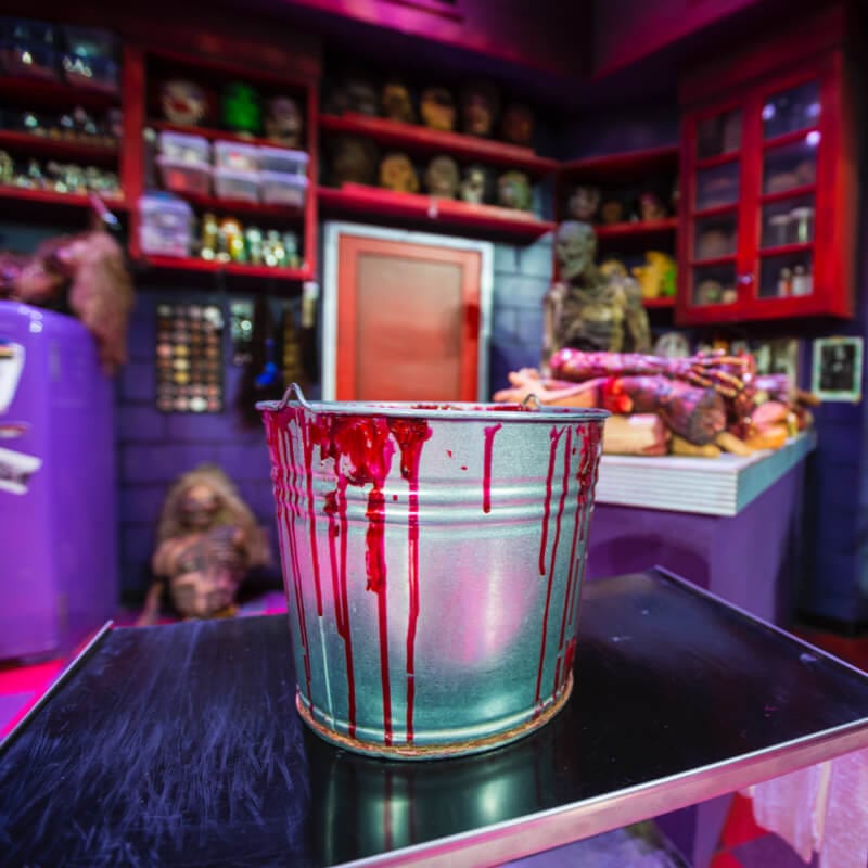 A bucket of blood stage prop from Universal Orlando’s Horror Make Up Show.