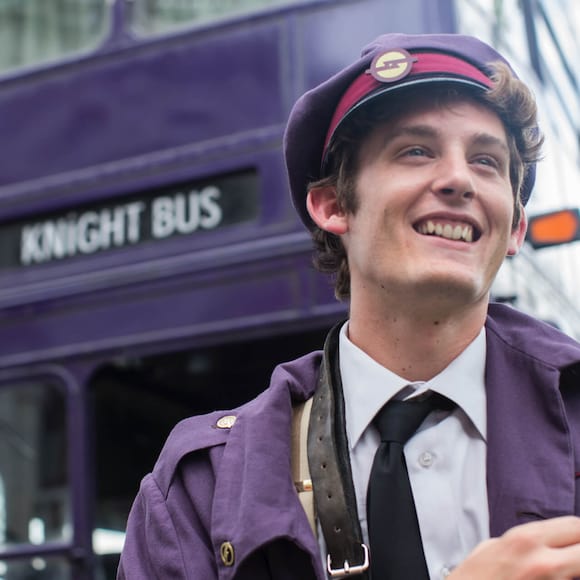 The Knight Bus™ conductor who theme park guests can meet in the London area of The Wizarding World of Harry Potter in Universal Studios Orlando.