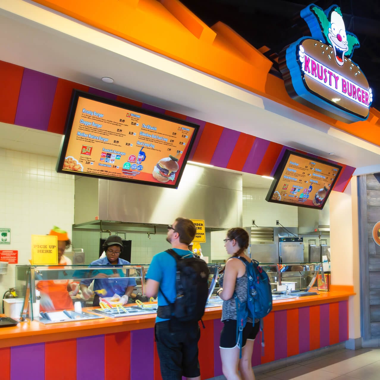 View of the walk up counter at Krusty Burger, a recreation of the Simpsons TV show restaurant which is located in Universal Studios Orlando.