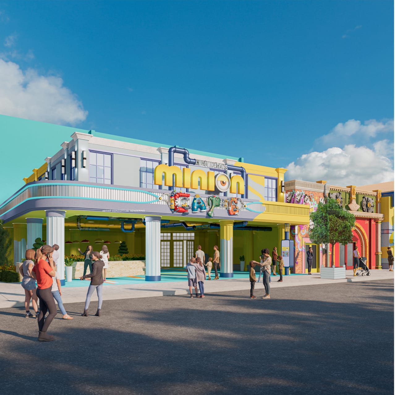 A rendering of the front exterior of Illumination's Minion Cafe with several park guests walking around the streets of Illumination's Minion Land.