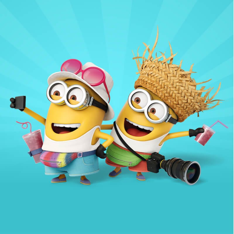 Two minions dressed in vacation clothing taking a selfie