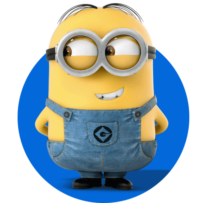 Dave the Minion smirking and looking to his right.