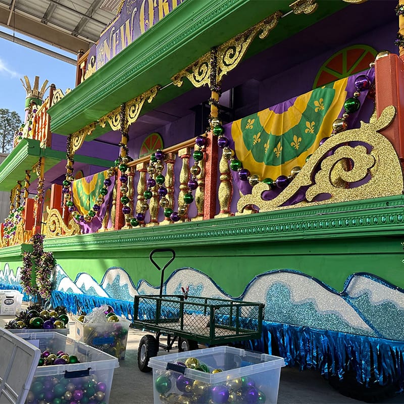 A look at a float being decorated for the Universal Mardi Gras: International Flavors of Carnaval at Universal Orlando Resort.