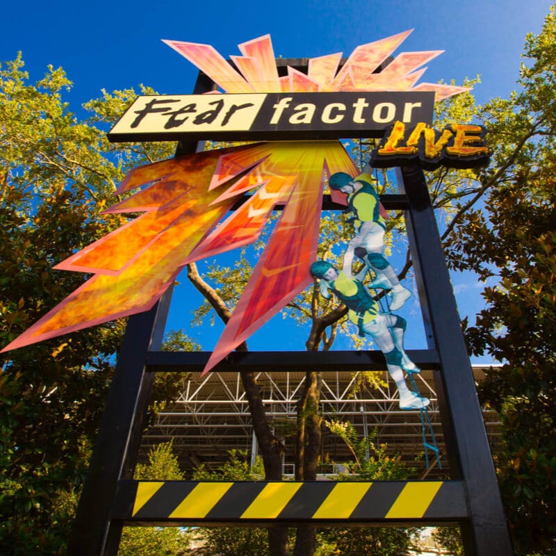 The sign outside of the Fear Factor Live theater, where you can participate in a live stunt show to face some of your biggest fears at Universal Studios Orlando.