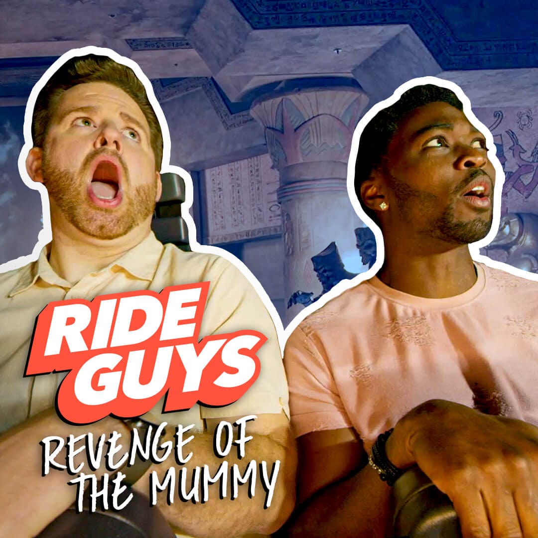 The Ride Guys with their mouthes open in excitement with the words RIDE GUYS REVENGE OF THE MUMMY on the left side.
