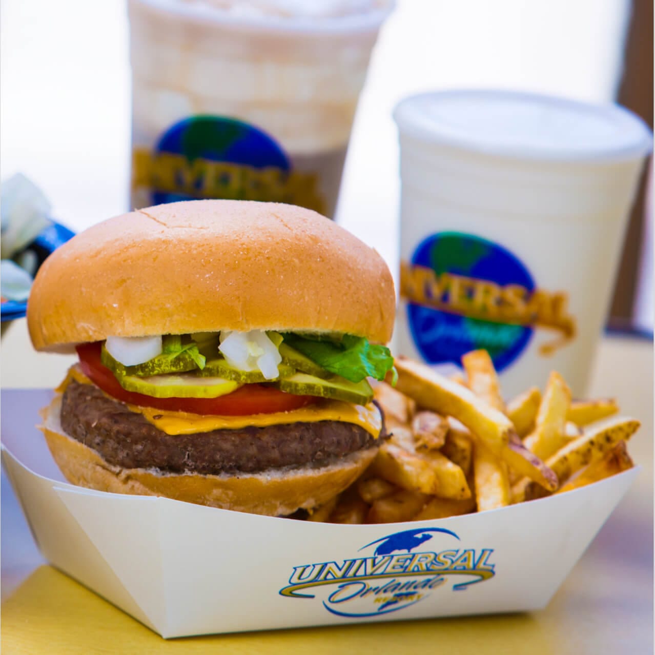 A cheeseburger and fries from Richter's Burger Co., a counter service restaurant at Universal Studios Orlando