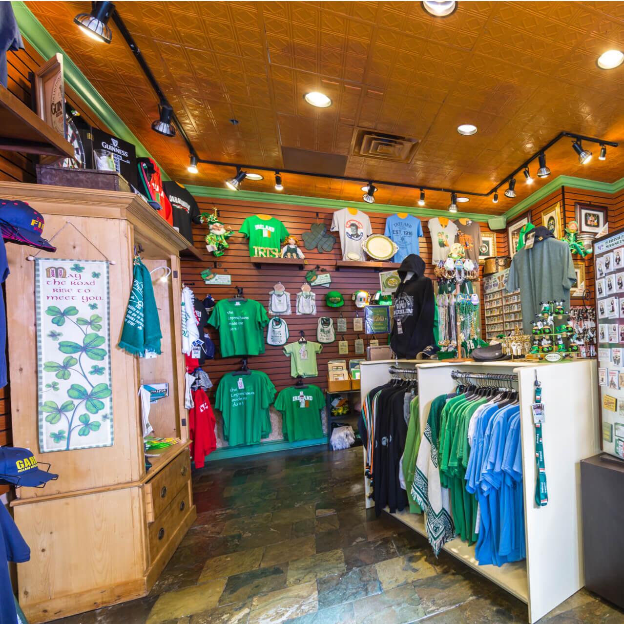 The interior of Rosie's Irish Imports in Universal Studios Orlando displays themed tee shirts, magnets and more.