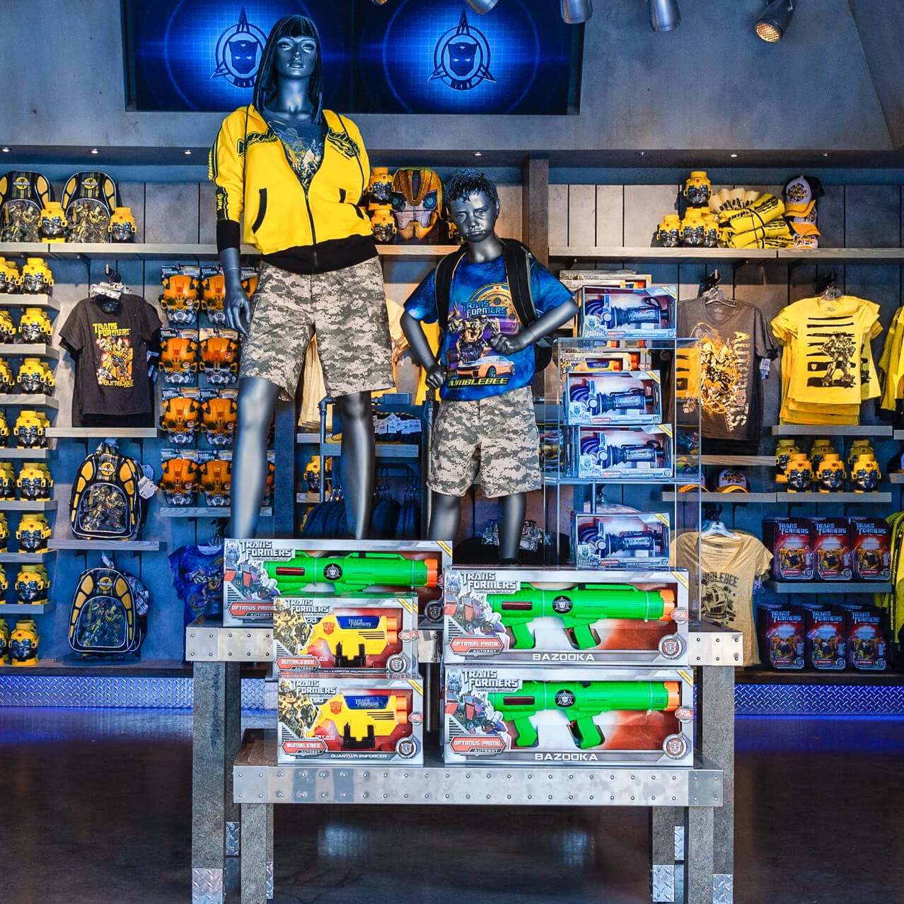 TRANSFORMERS themed apparel, toys, and more on display at Supply Vault at Universal Studios Florida, where guests can stock up on Autobot merchandise after fighting Decepticons on TRANSFORMERS: The Ride 3D.