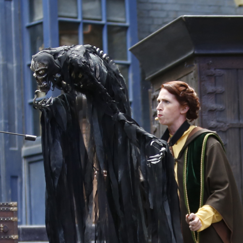 A performer in wizard robes manipulating a large, skeletal puppet in black draping.