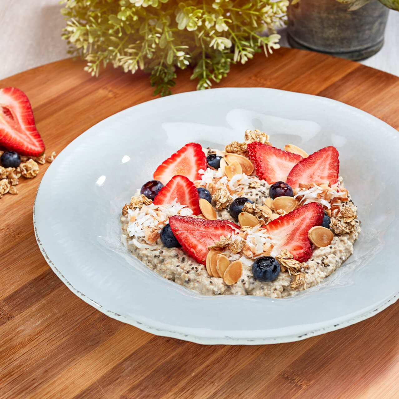 Overnight Oats from TODAY Cafe with seasonal berries, toasted coconut and toasted almonds.
