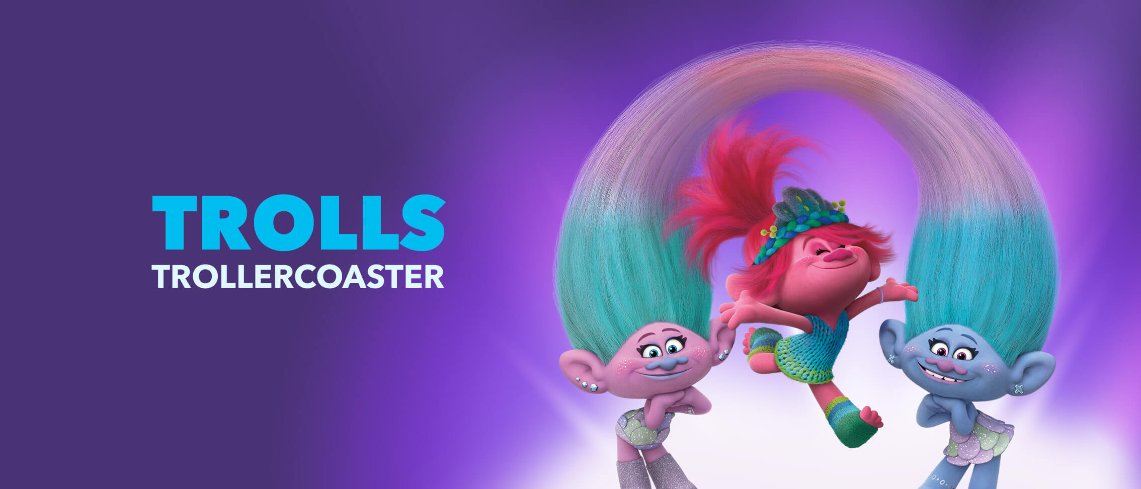 DreamWorks’ Trolls Satin, Poppy and Chenille on a purple background.