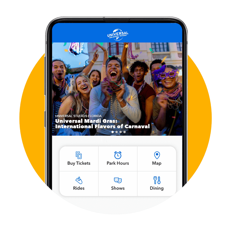 A smartphone screen shows the Universal’s Mardi Gras: International Flavors of Carnaval homepage within the Universal Orlando app.