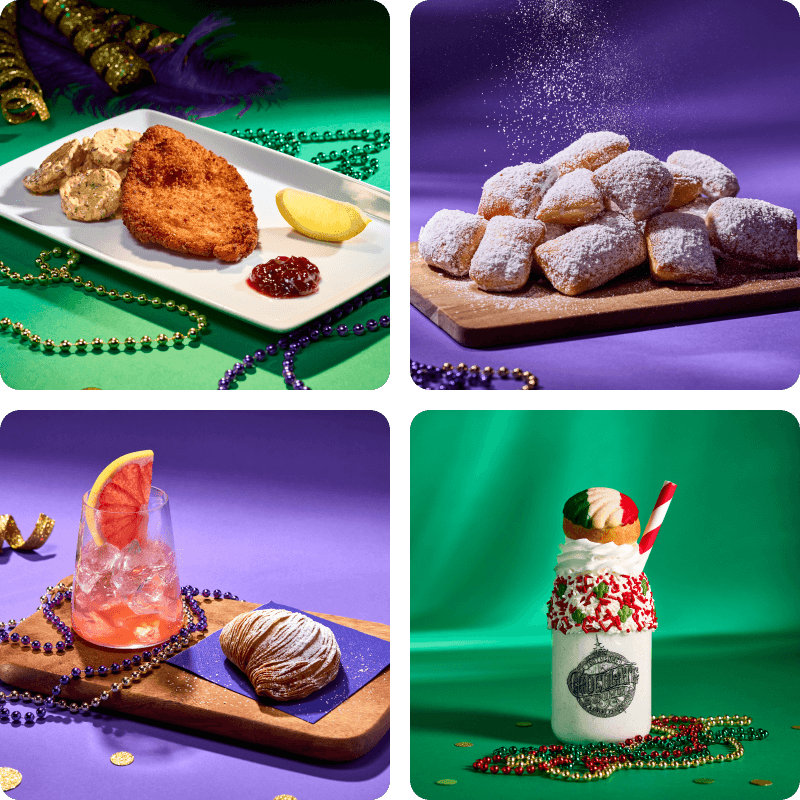 Four festive Mardi Gras food items: powdered beignets, breaded pork, a colorful shake, and a red drink with powdered pastry.
