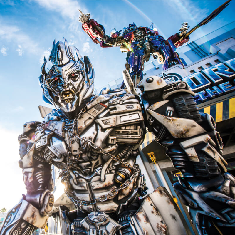 Megatron in front of the TRANSFORMERS ride at Universal Studios Florida.