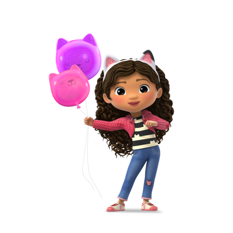 Gabby from Gabby’s Dollhouse wears cat ears while holding pink and purple cat balloons.
