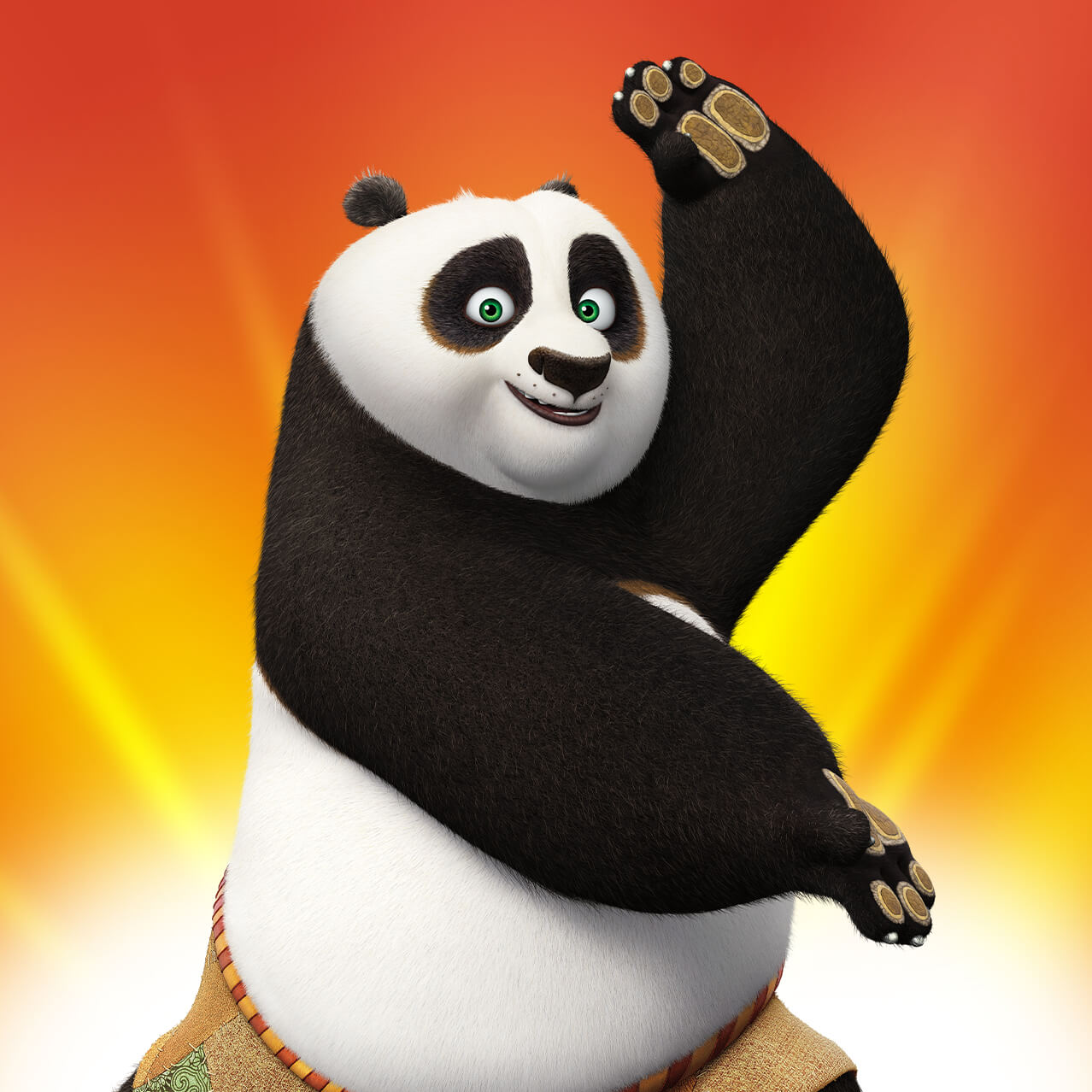 DreamWorks Kung Fu Panda on a red, orange and yellow background next to the words, "Po Live!".