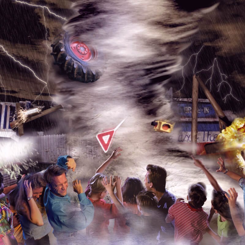 A group of people brave extreme weather including lightning, fire and a giant cyclone at retired Universal Studios Florida attraction TWISTER Ride It Out.