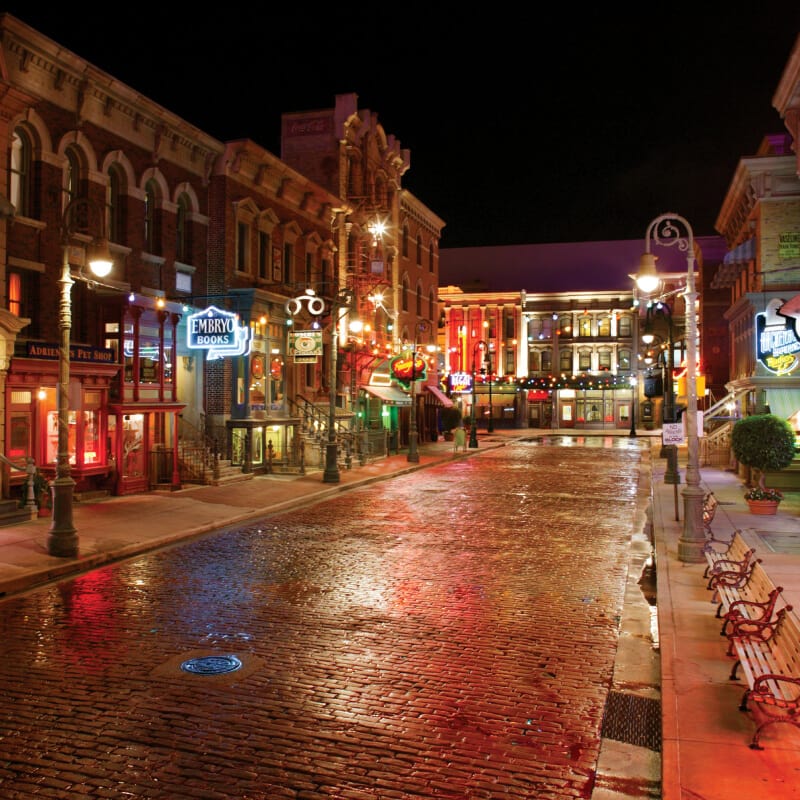 People walking through the streets of New York City at Universal Studios Florida.