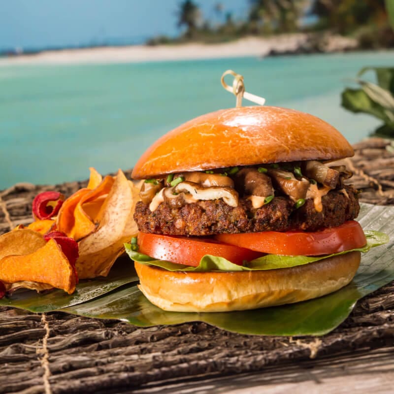 A photo of the Quinoa Burger with a side of chips from Bambu restaurant at Universal's Volcano Bay.