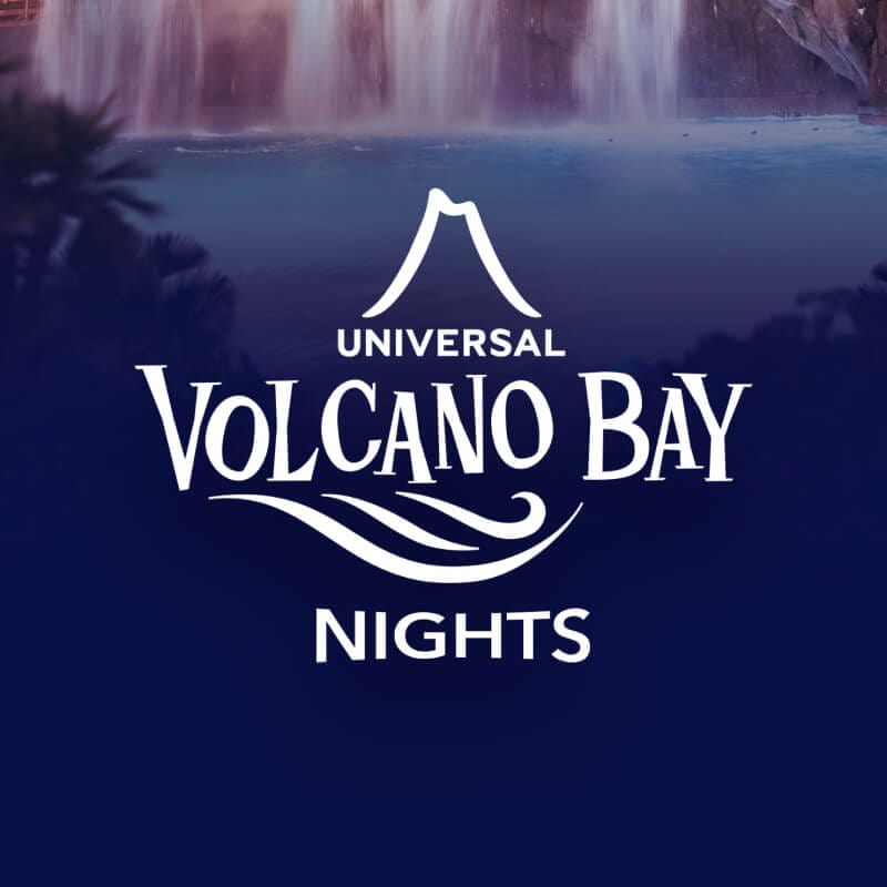 Universal Volcano Bay Nights logo against a themed background.