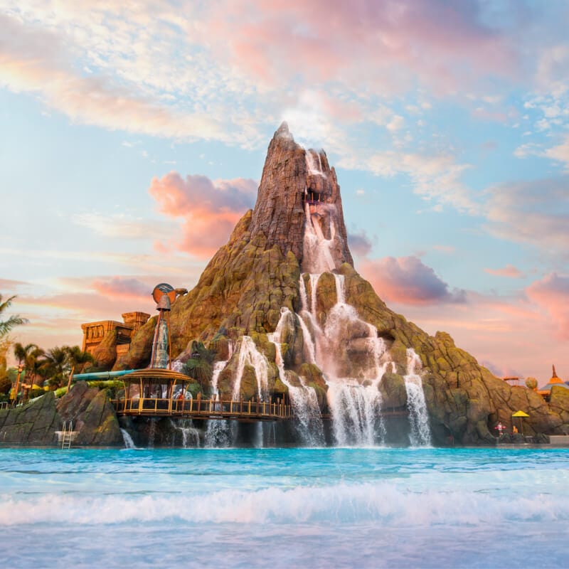 A sunset view of Krakatau the volcano at Universal’s Volcano Bay.