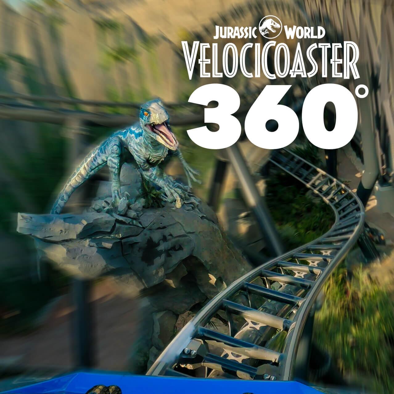 Click to play a 360 video of the Jurassic World VelociCoaster ride at Universal Orlando Resort.