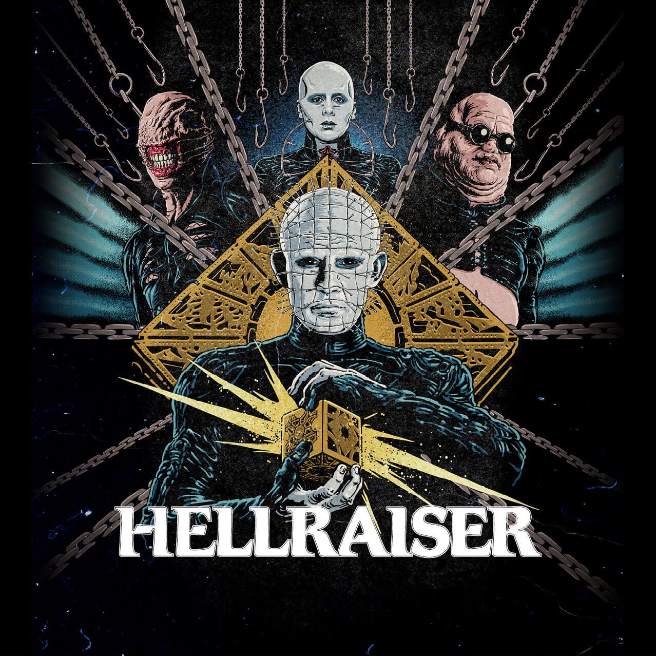 An illustration of Pinhead from “HELLRAISER” with a gold puzzle box, chains and hooks, and three other demonic characters.