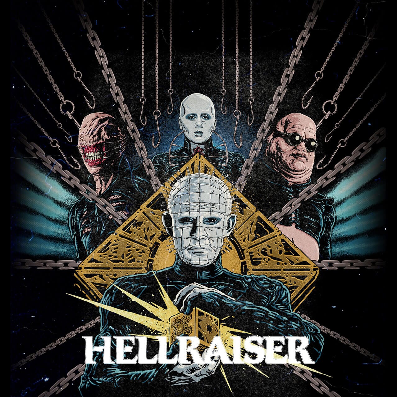 An illustration of Pinhead from “HELLRAISER” with a gold puzzle box, chains and hooks, and three other demonic characters.