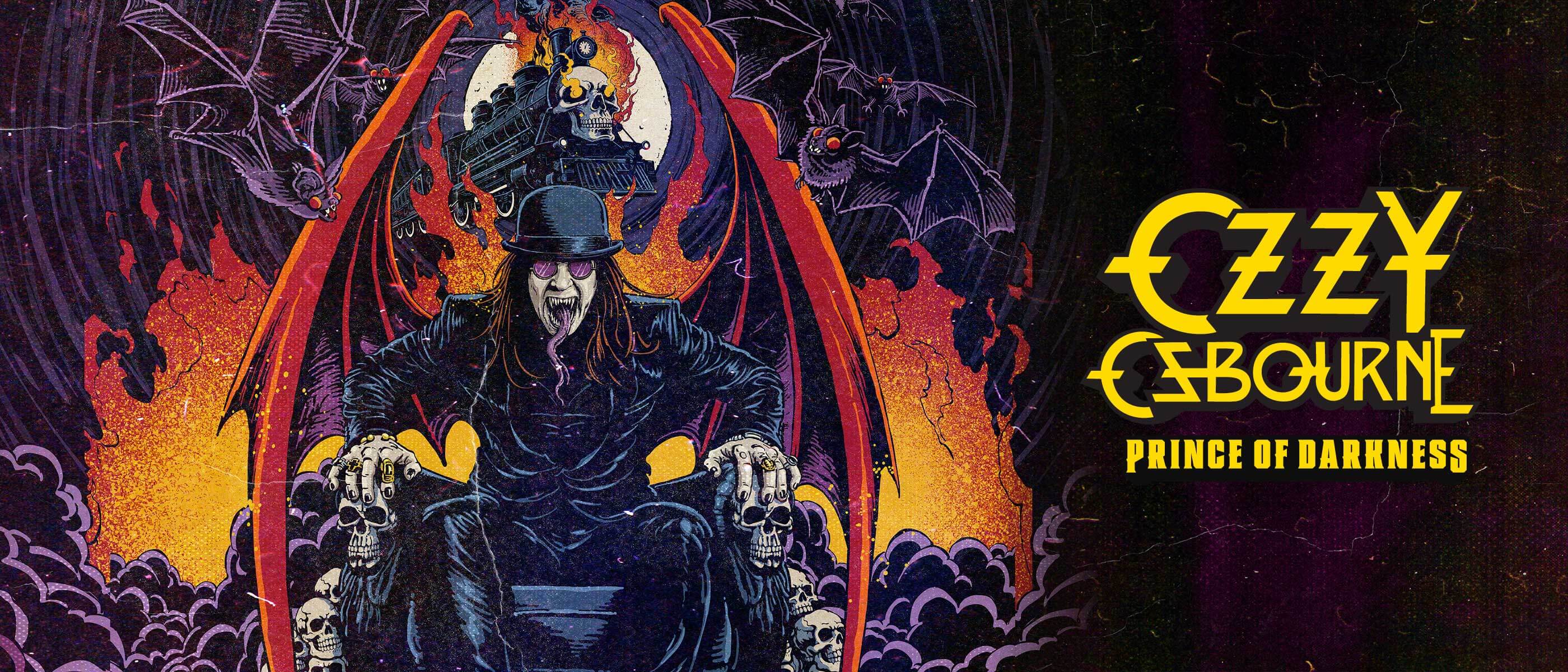 “OZZY OSBOURNE PRINCE OF DARKNESS” over a rendering of him with red wings and a forked tongue amid flames, bats and skulls.