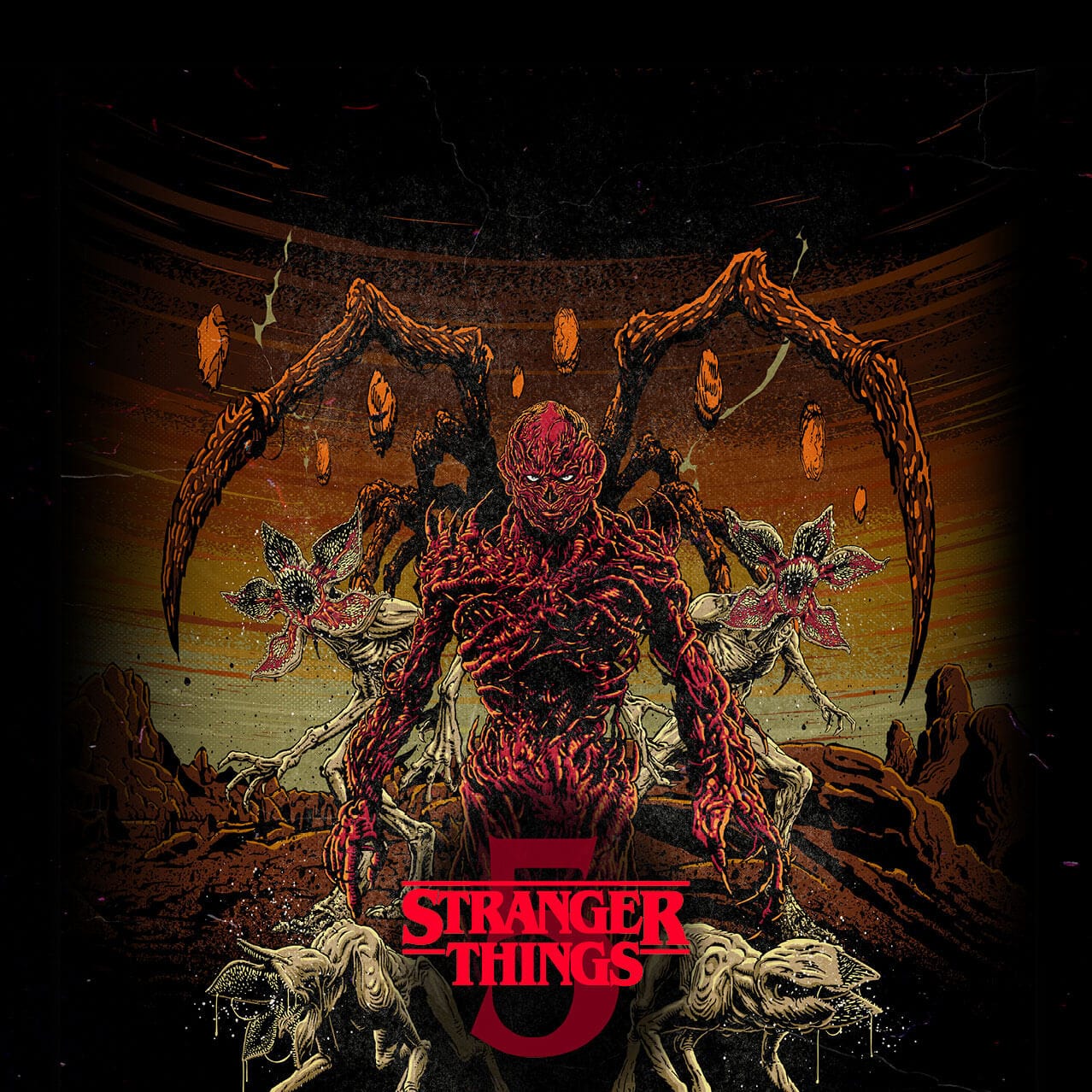 An illustration of a red tentacled demon and creatures with gaping mouths with “NETFLIX STRANGER THINGS 5” in red lettering.