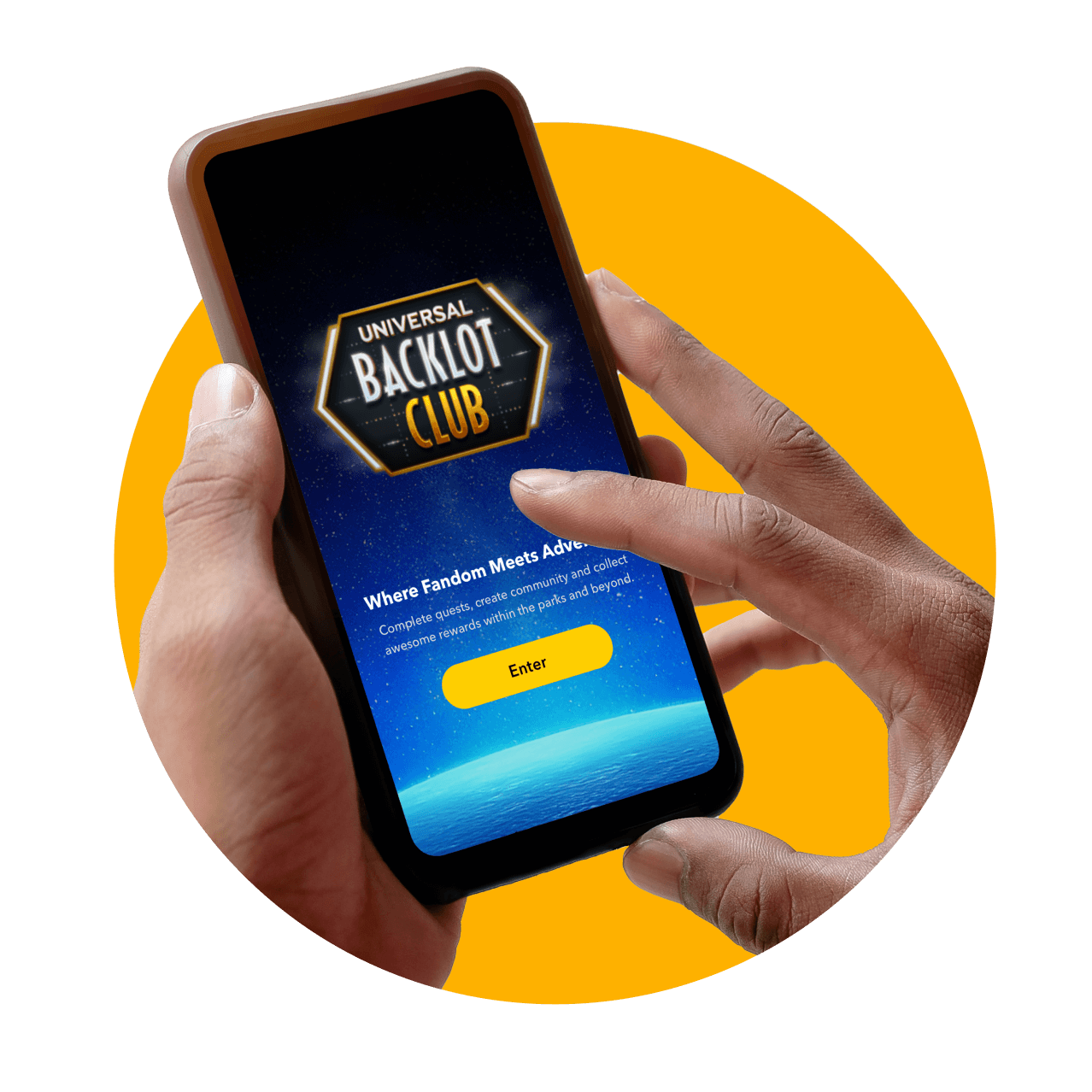 A hand holding a phone displaying the screen of Universal Backlot Club.