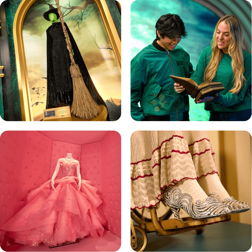 Collage of the props with Elphaba’s outfit and broom, Glinda’s pink dress, her silver slippers, and two fans wearing a Wicked Bomber Jacket and a Wicked: For Good Cropped Sweater.