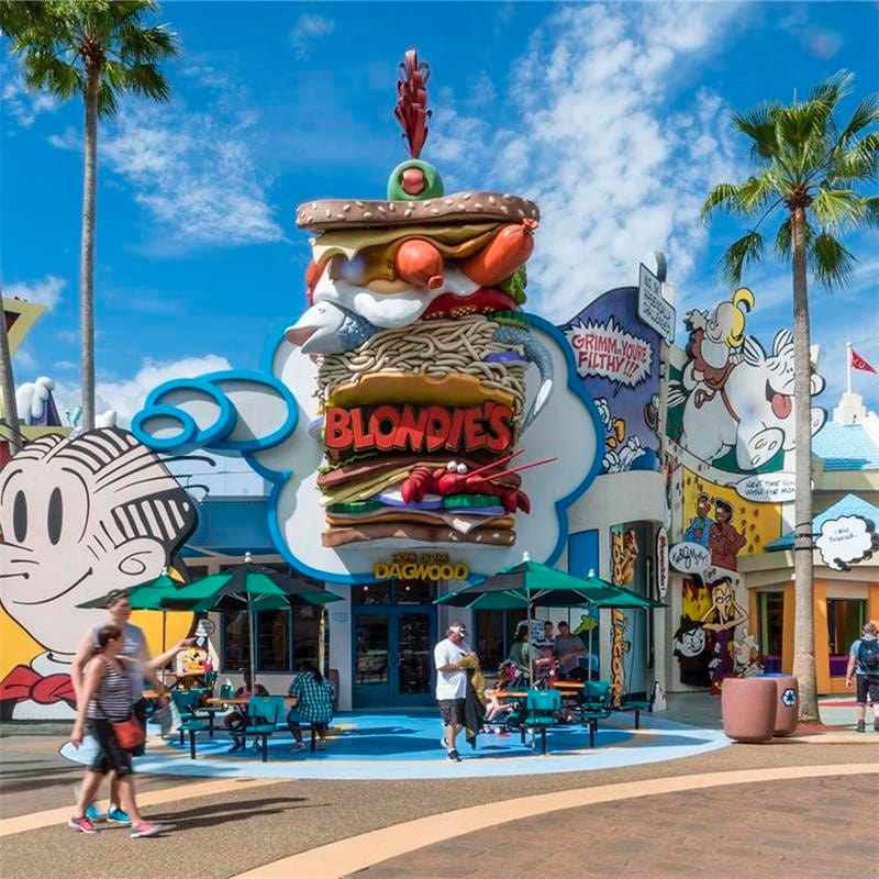 The exterior of Blondie's, a sandwich shop at Universal Orlando that serves the piled high Dagwood.