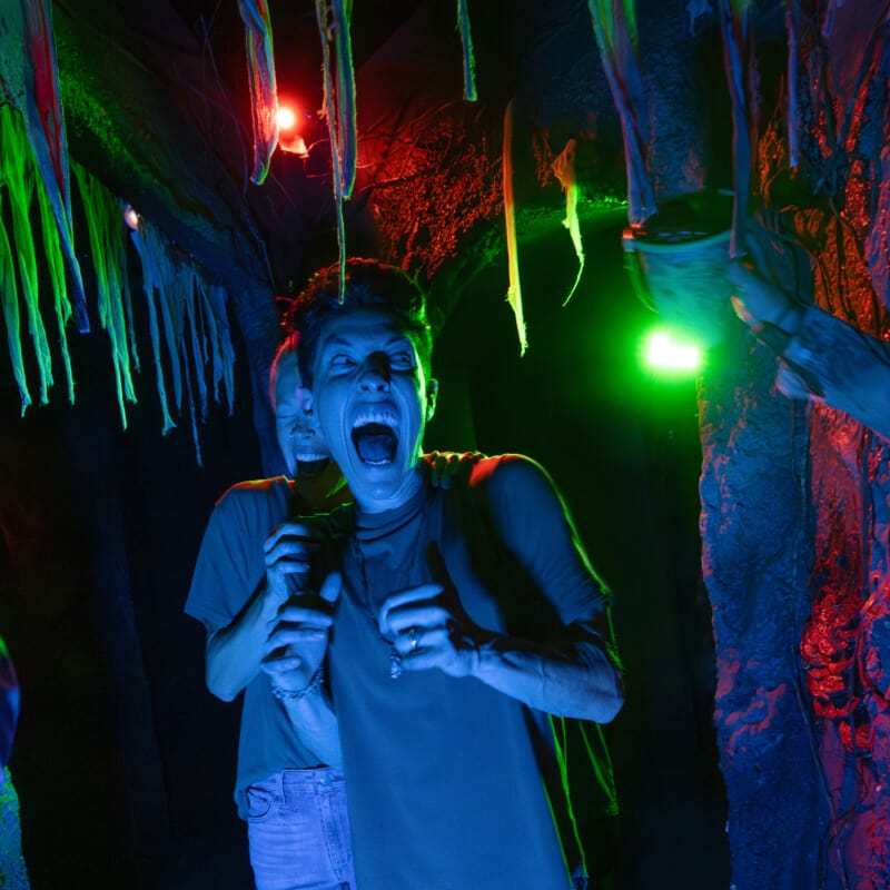 Two guests shrieking with fear and delight when confronted by shadowy figures in an eerie, green-lit, moss-covered corridor.