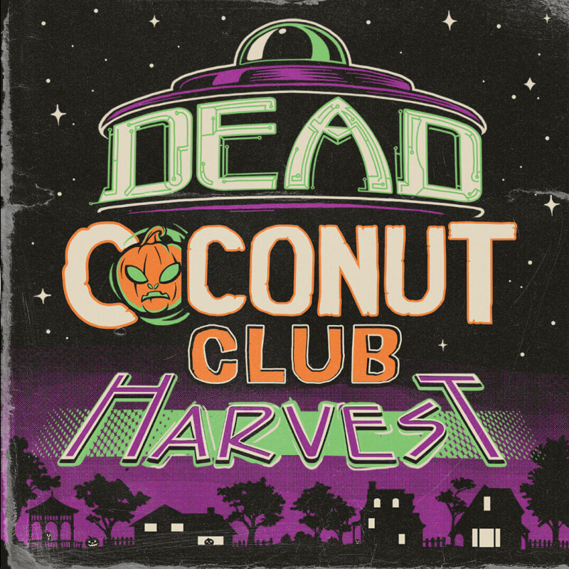 Dead Coconut Club Harvest logo with silhouettes of trees, pumpkins and a house against a purple night sky and overhead stars.