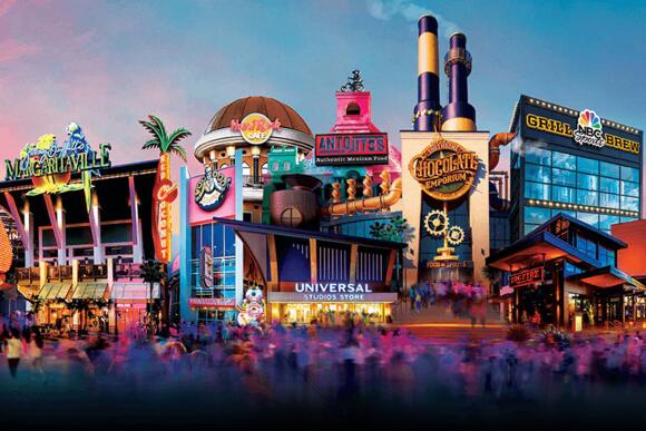 Una representación artística de City Walk en Universal Studios Orlando.