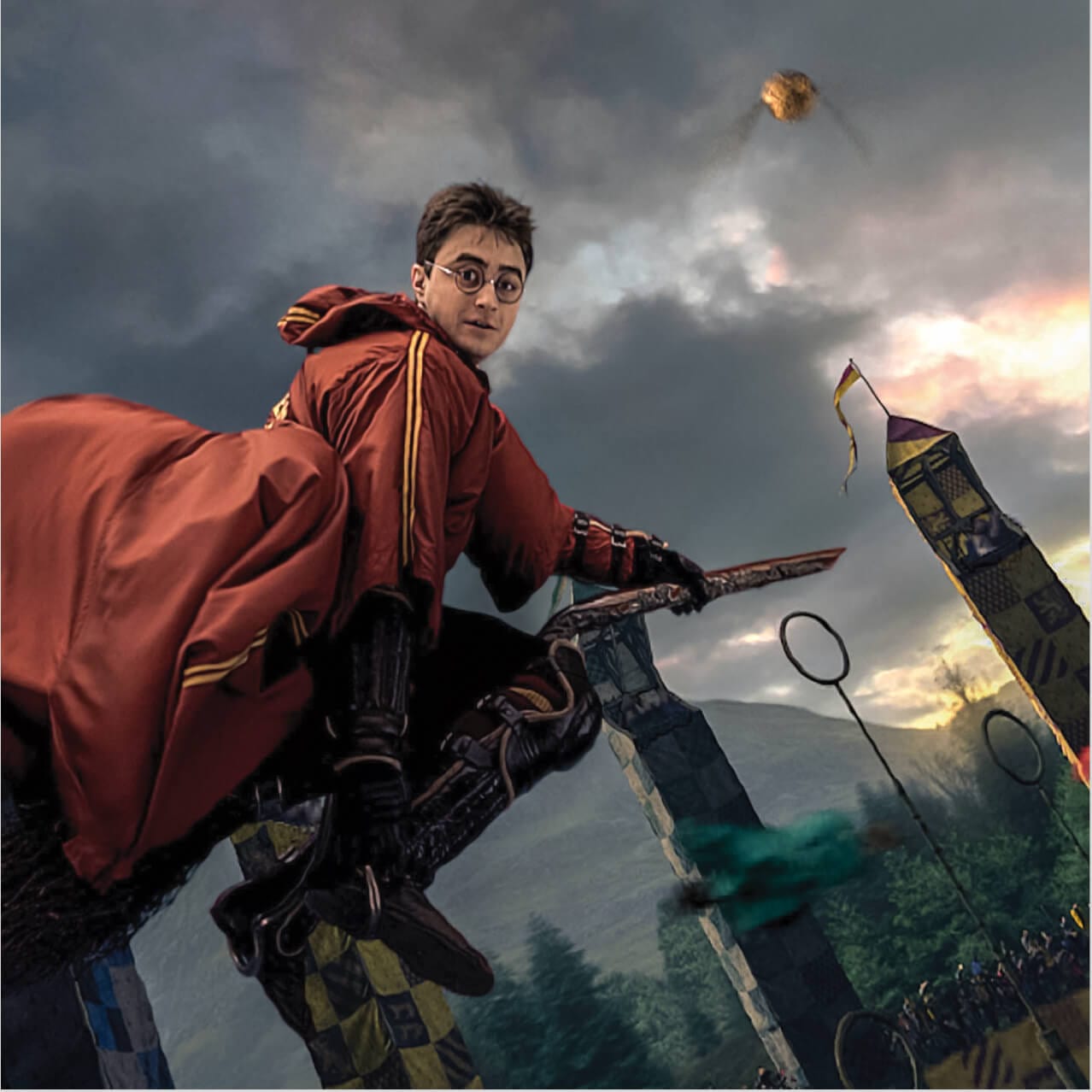 Escena de Harry Potter jugando un partido de Quidditch en la emocionante atracción Harry Potter and the Forbidden Journey™ en Universal's Islands of Adventure, en Orlando.